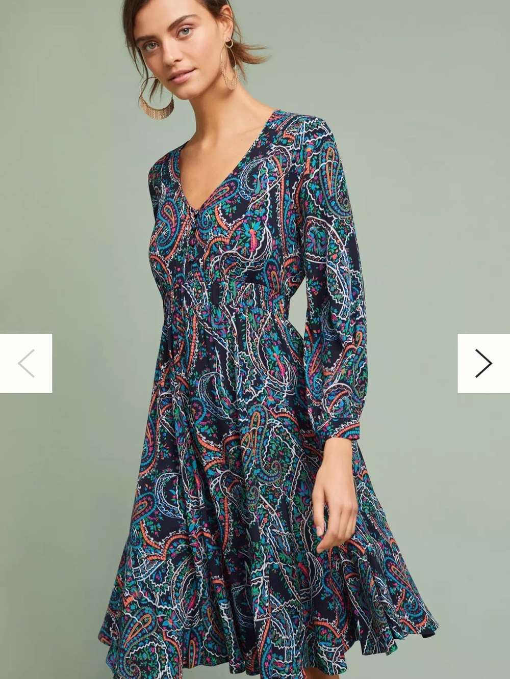 Paisley Print V-Neck Long-Sleeve Dress - Navy Multi